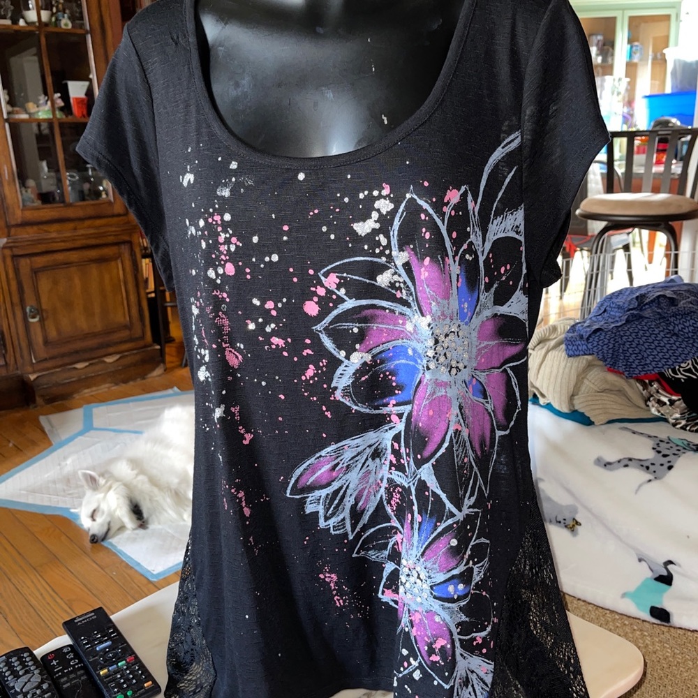 Hybrid black floral sparkle net back Women's  2XL